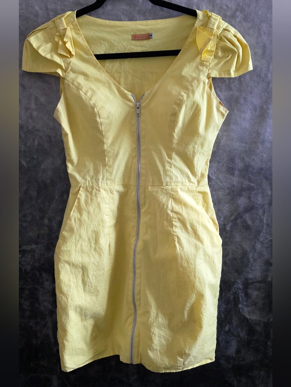 Yellow Zip-Front Mini Dress with Puff Shoulder Detail